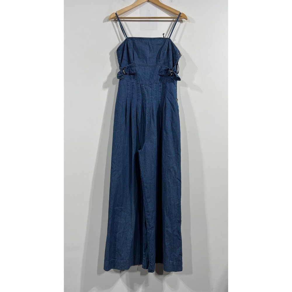 Free People Basque Waist Boho 70s Retro Denim Wide‎ Leg Jumpsuit Western Women 6